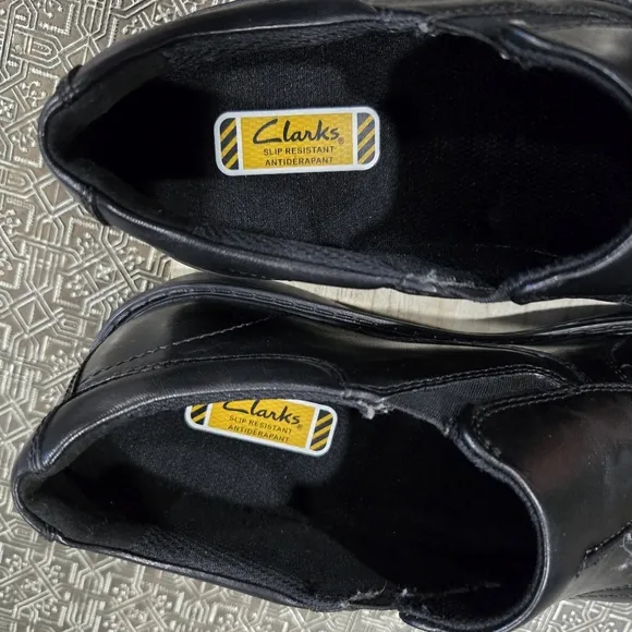 🐢 Men’s Clarks Wader Twin Slip-Resistant Black Leather Dress Work Shoes Size 9.