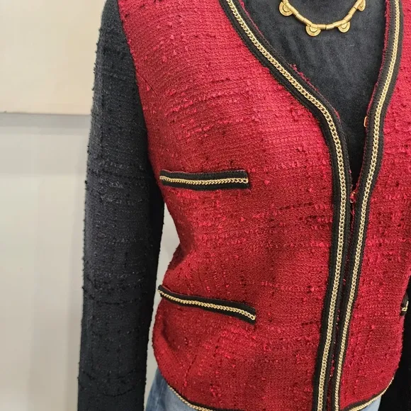 [ MNG] suit blazer top- STUNNING RED BOUCLE TWEED- BLAZER JACKET W/ CHAIN DETAIL