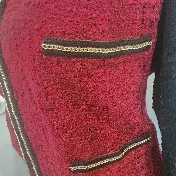 [ MNG] suit blazer top- STUNNING RED BOUCLE TWEED- BLAZER JACKET W/ CHAIN DETAIL