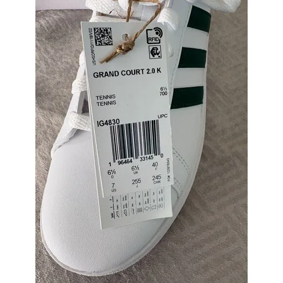 Adidas Grand Court 2.0 Sneakers Tennis Shoes Casual White Green Size 7 Youth