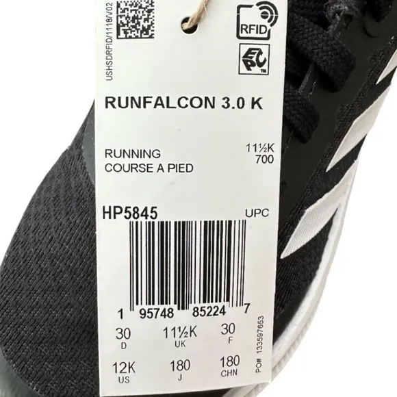 Adidas Runfalcon 3.0 Kids Sneakers Running Shoes in Black and White Size 12 Kids