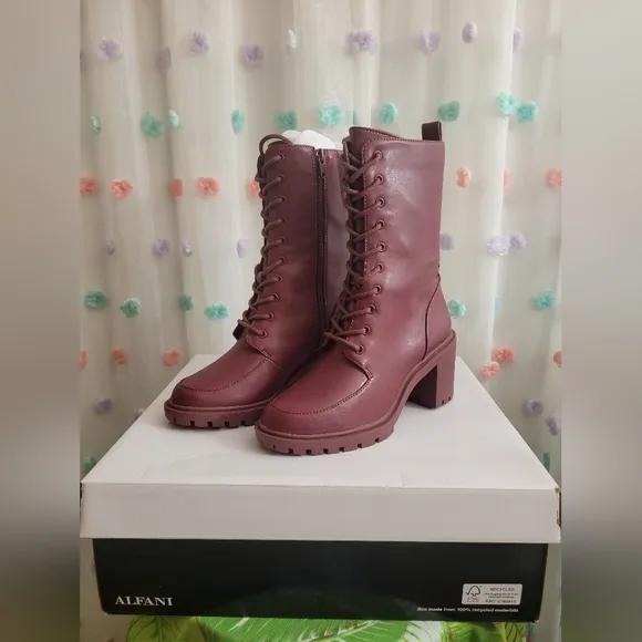 Alfani Blaire Faux Leather Round Toe Combat &amp; Lace-up Boots (New In Box)