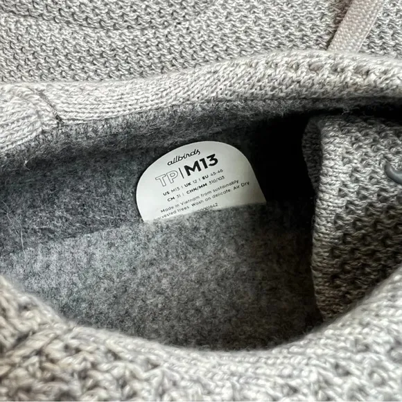 Allbirds Men's Tree Pipers Size 12 Gray Knit Sneakers Luna White Sole Size 13