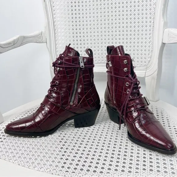 AllSaints  KATY CROCO BORDEAUX CROC LACE UP BOOTS