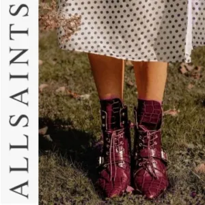 AllSaints  KATY CROCO BORDEAUX CROC LACE UP BOOTS