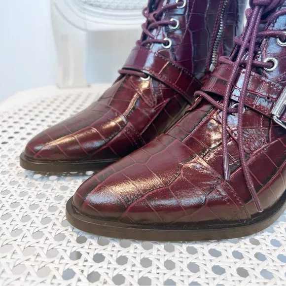 AllSaints  KATY CROCO BORDEAUX CROC LACE UP BOOTS