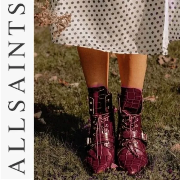 AllSaints  KATY CROCO BORDEAUX CROC LACE UP BOOTS