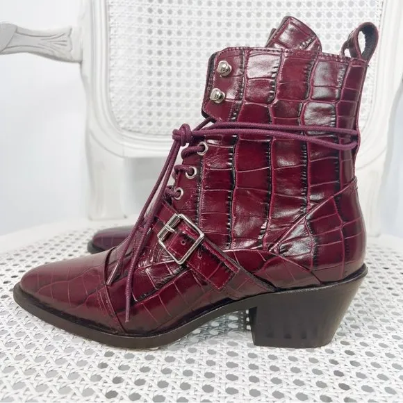 AllSaints  KATY CROCO BORDEAUX CROC LACE UP BOOTS