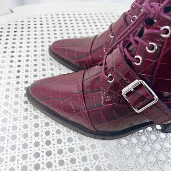 AllSaints  KATY CROCO BORDEAUX CROC LACE UP BOOTS