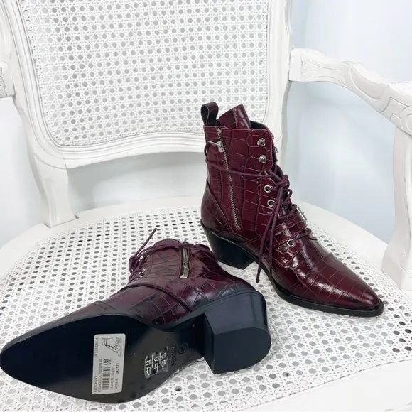 AllSaints  KATY CROCO BORDEAUX CROC LACE UP BOOTS