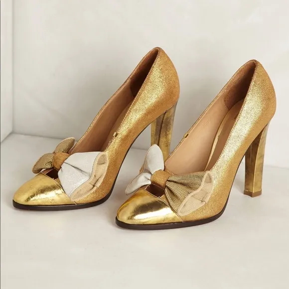 Anthropologie Zoe Lee Paris Metallic Bow Pumps 7
