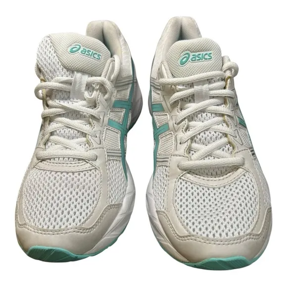 ASICS Women's White and Teal Running Shoes. Leather Upper Size 7.5