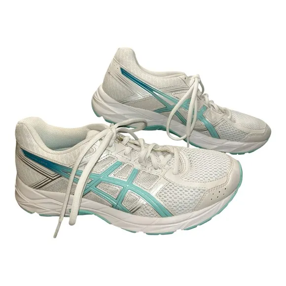 ASICS Women's White and Teal Running Shoes. Leather Upper Size 7.5