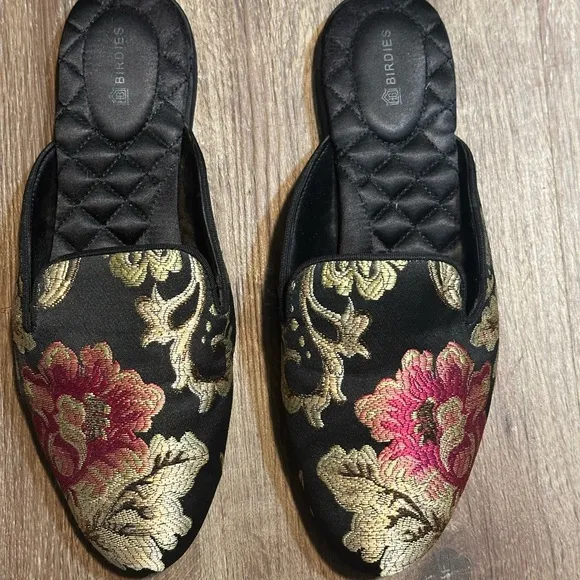 Birdies Phoebe mules  iconic Black and Gold Mules with Quilted Soles women sz9
