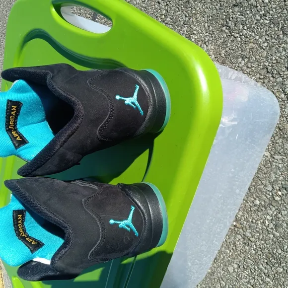 Black and Gray Sneakers with Teal Logo