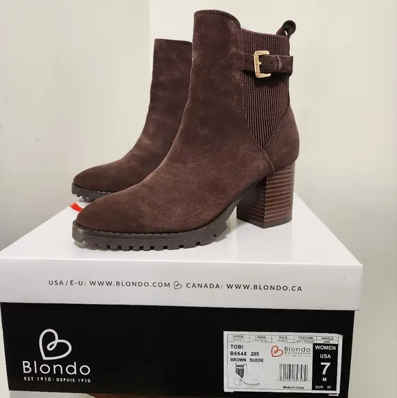 BLONDO TOBI WATERPROOF BOOTIE ANKLE BOOT SIZE 7 WITH BOX DARK BROWN SUEDE