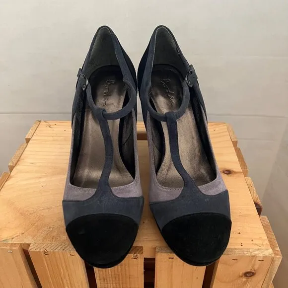 Boden Size 8 Black &amp; Gray Suede Round Toe T-Strap Mary Jane High Heel Pumps Shoe