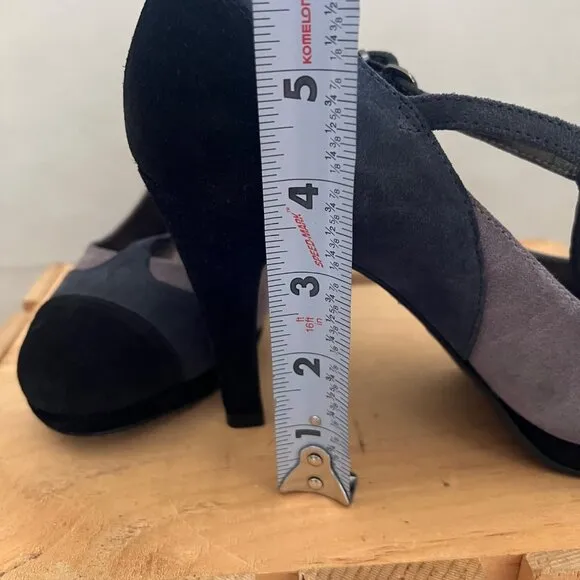 Boden Size 8 Black &amp; Gray Suede Round Toe T-Strap Mary Jane High Heel Pumps Shoe