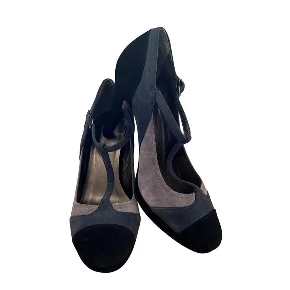 Boden Size 8 Black &amp; Gray Suede Round Toe T-Strap Mary Jane High Heel Pumps Shoe