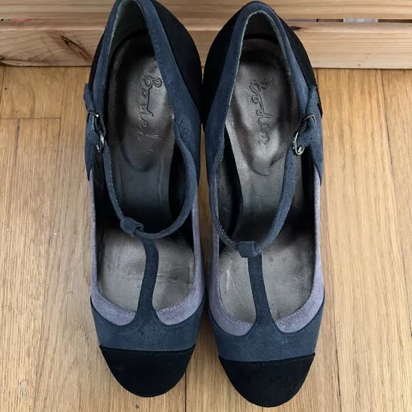 Boden Size 8 Black &amp; Gray Suede Round Toe T-Strap Mary Jane High Heel Pumps Shoe