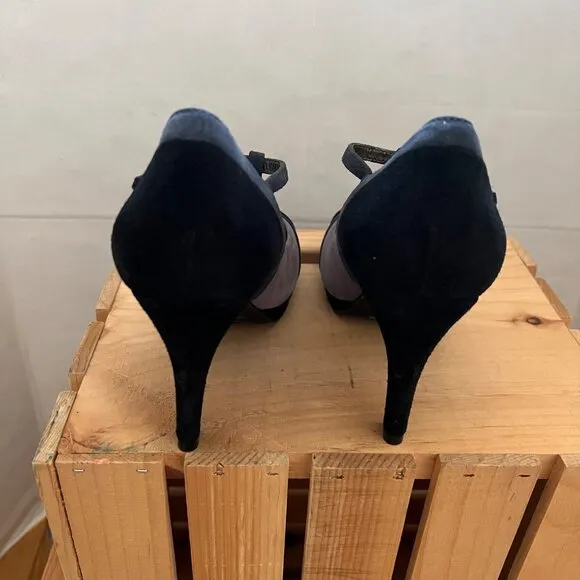 Boden Size 8 Black &amp; Gray Suede Round Toe T-Strap Mary Jane High Heel Pumps Shoe