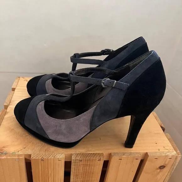 Boden Size 8 Black &amp; Gray Suede Round Toe T-Strap Mary Jane High Heel Pumps Shoe