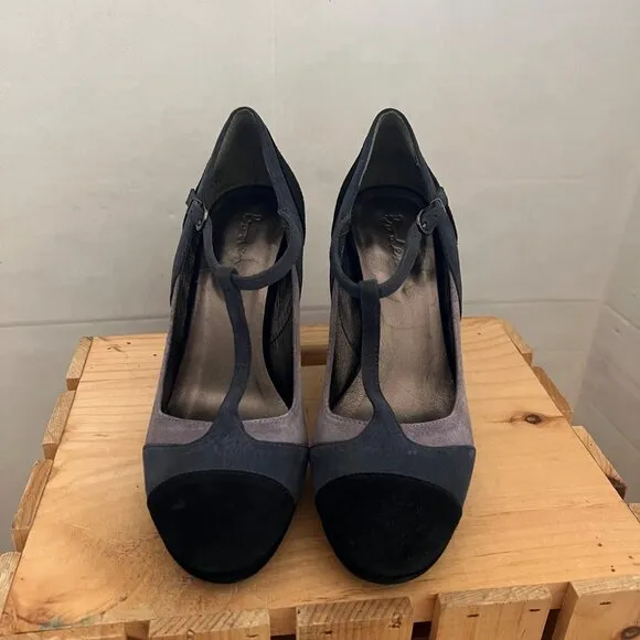 Boden Size 8 Black &amp; Gray Suede Round Toe T-Strap Mary Jane High Heel Pumps Shoe