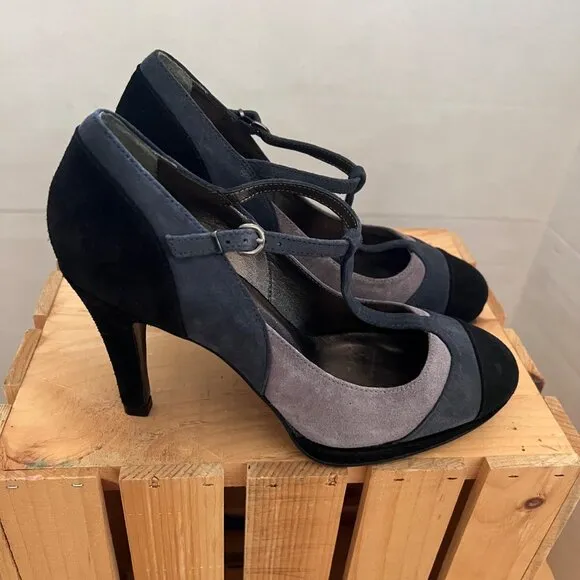Boden Size 8 Black &amp; Gray Suede Round Toe T-Strap Mary Jane High Heel Pumps Shoe