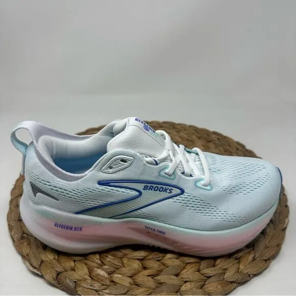 BROOKS Glycerin GTS 22 Running Shoe White Limpet Shell Amparo Blue Size 8.5 WIDE
