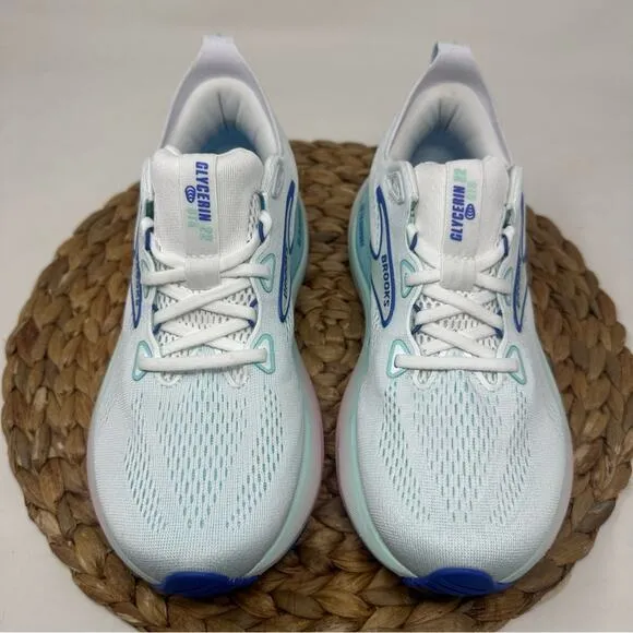 BROOKS Glycerin GTS 22 Running Shoe White Limpet Shell Amparo Blue Size 8.5 WIDE
