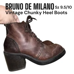 BRUNO DE MILANO 9.5/10 Brown Distressed Leather Lace Up Chunky Heel Ankle Boots