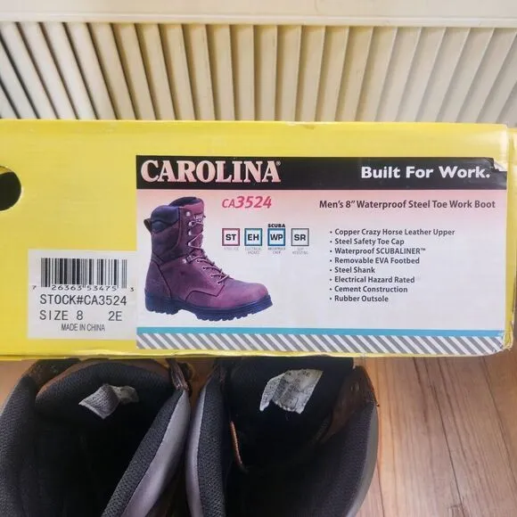 Carolina 8&quot; Waterproof Steel Toe Work Boots Men's 8 EE Wide Brown Leather CA3524
