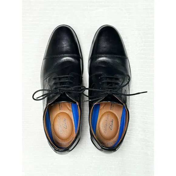 CLARKS Whiddon Cap Black Leather Career Comfort Shoes, Sz 9M