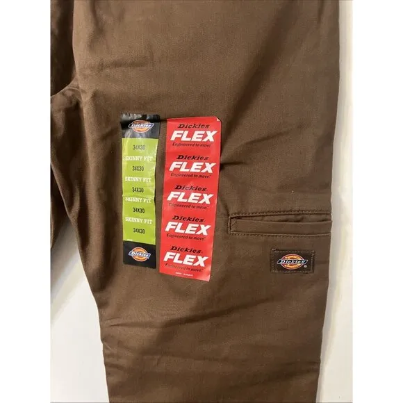 Dickies Flex 34x30 Pants Skinny Straight Brown Mens Twill Workwear Preppy