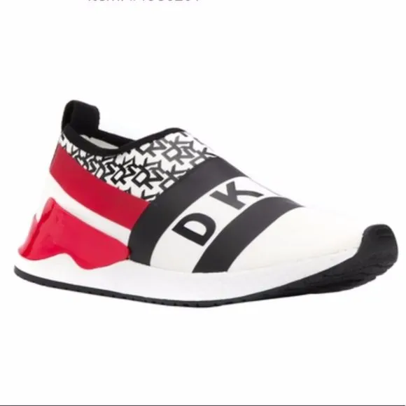 DNKY REESE Women Shoes Logo Strap Sneakers Black White Red Size 6 NEW