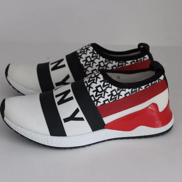 DNKY REESE Women Shoes Logo Strap Sneakers Black White Red Size 6 NEW