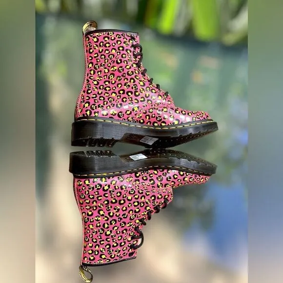 DR MARTENS 1460 Skull Leopard Smooth Leather Lace-Up Boot Clash Pink Size 7