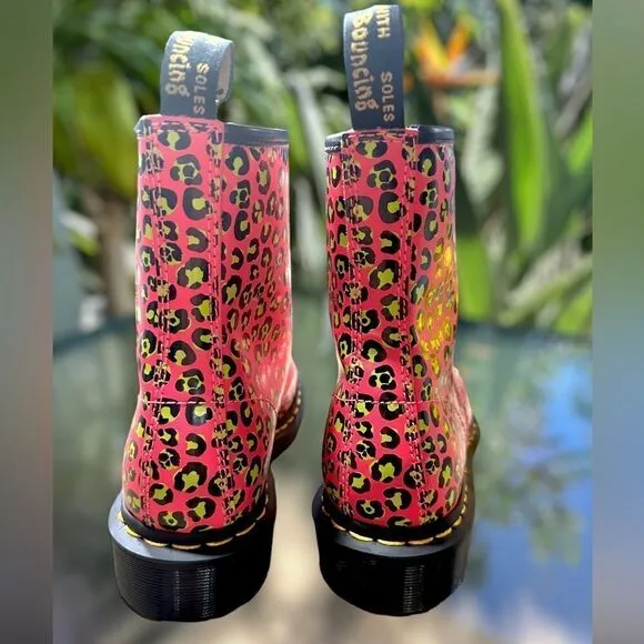 DR MARTENS 1460 Skull Leopard Smooth Leather Lace-Up Boot Clash Pink Size 7