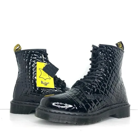 Dr Martens Patent Croc Emboss Black Leather Ankle Lace Up Boots Women’s 7 Shoes