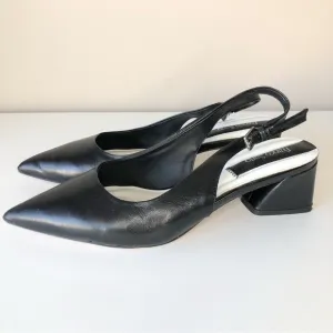 Franco Sarto Black Leather Point Toe Sling Back Low Block Heel Shoes 7.5