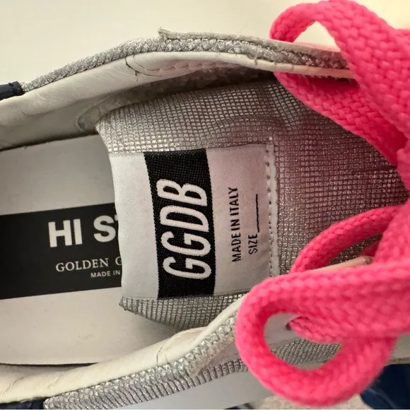 Golden Goose Hi Star Size 8 NEVER WORN Silver and Pink Sneakers with Star Detail