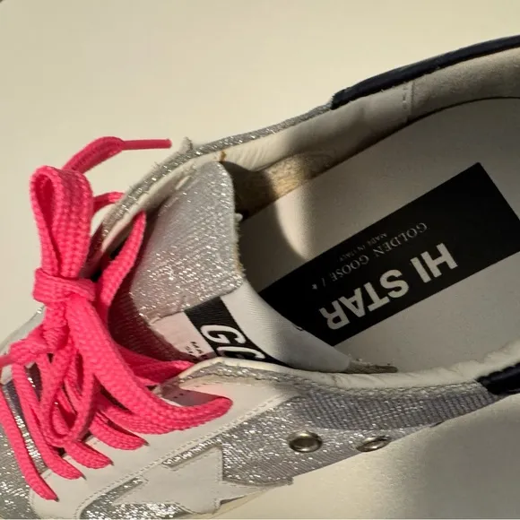 Golden Goose Hi Star Size 8 NEVER WORN Silver and Pink Sneakers with Star Detail
