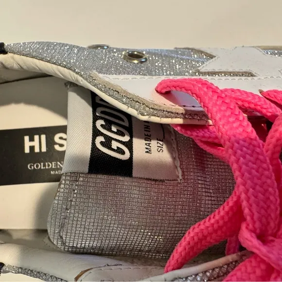 Golden Goose Hi Star Size 8 NEVER WORN Silver and Pink Sneakers with Star Detail