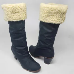 Golo Boots Women 8M Vintage 1970s Black Nylon Sheepskin Fold Over Waterproof