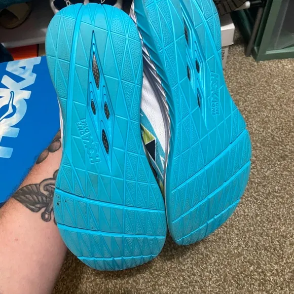 Hoka Blue and White Running Shoes Bare worn S10M
