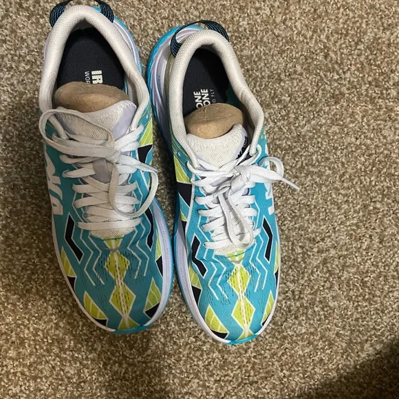 Hoka Blue and White Running Shoes Bare worn S10M