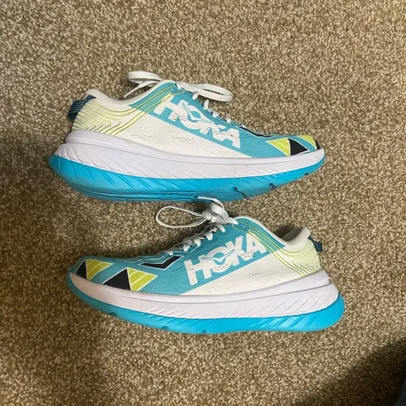 Hoka Blue and White Running Shoes Bare worn S10M