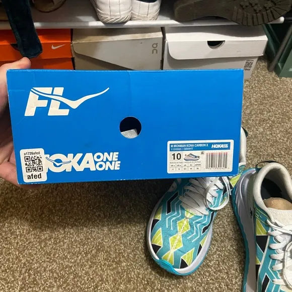 Hoka Blue and White Running Shoes Bare worn S10M