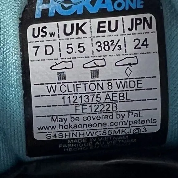 Hoka One One Clifton 8 Running Shoes Womens Size 7 D Wide Blue Aquarelle