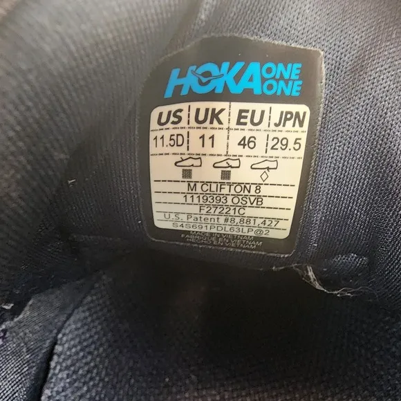Hoka One One Running Size 11.5 D Clifton 8 Men's Blue Athletic Shoes